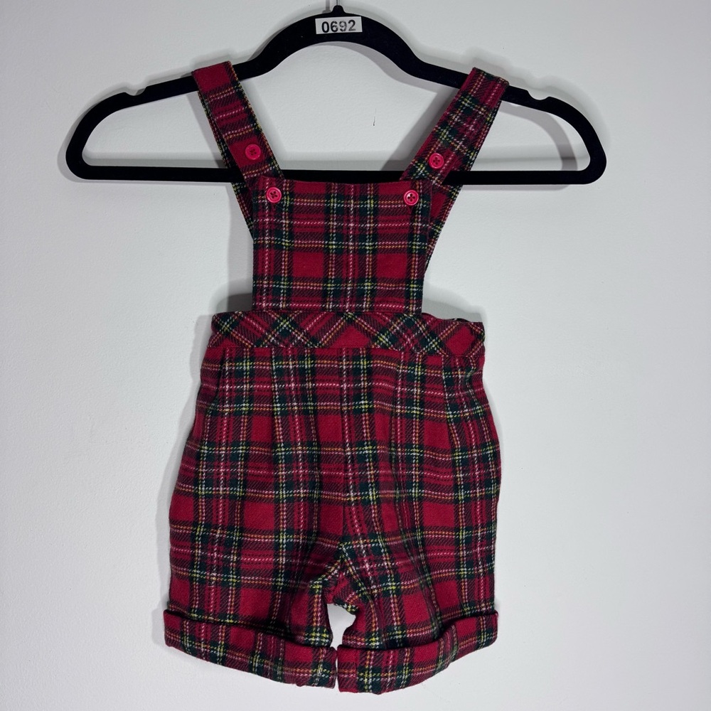 Vintage Rachel Riley Baby Plaid Shortalls Romper 6M Red Tartan Christmas